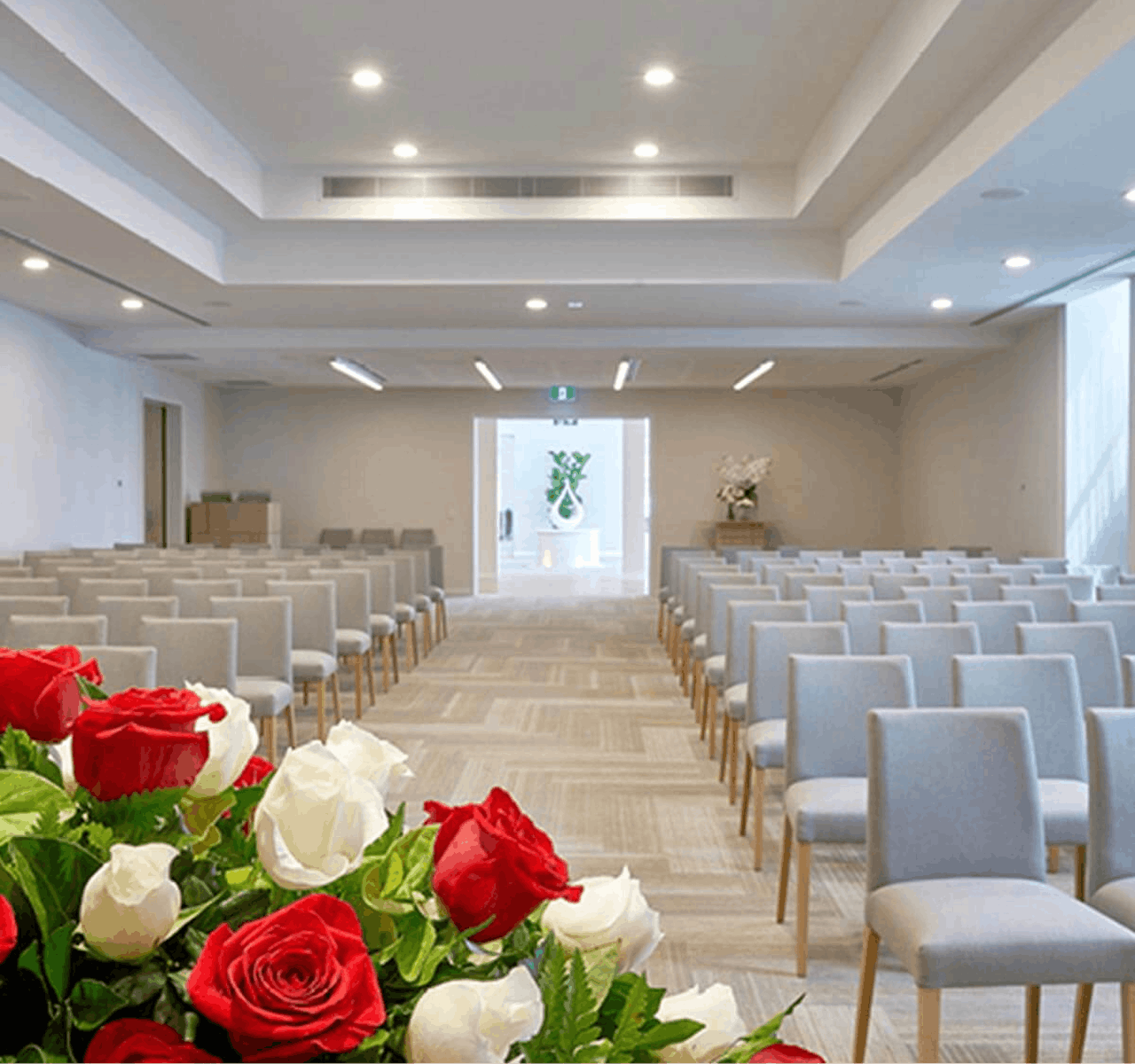 funeral chappel with flower arrangement